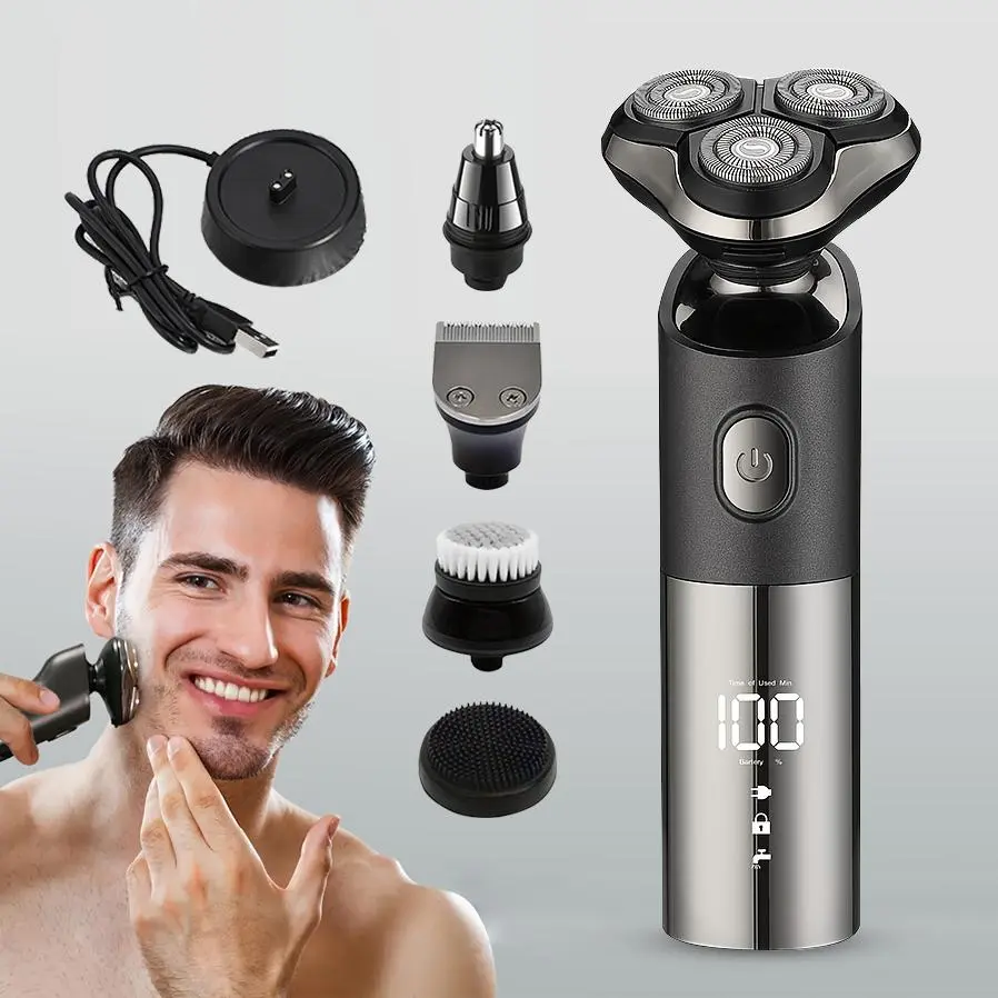 6-in-1 Electric Shaver & Nose Hair Trimmer - Gift for Men Him Father's Day Christmas Birthday - Multi Grooming Kit Cordless Rechargeable Trimmer with Facial Cleanser Hair Clipper Trimmer Battery % Display Rechargeable