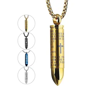 Stainless Steel Bullet Pendants Cremation Urn Ashes Necklaces Cross Lords Prayer in English, 21.7" Square Pearl Chain