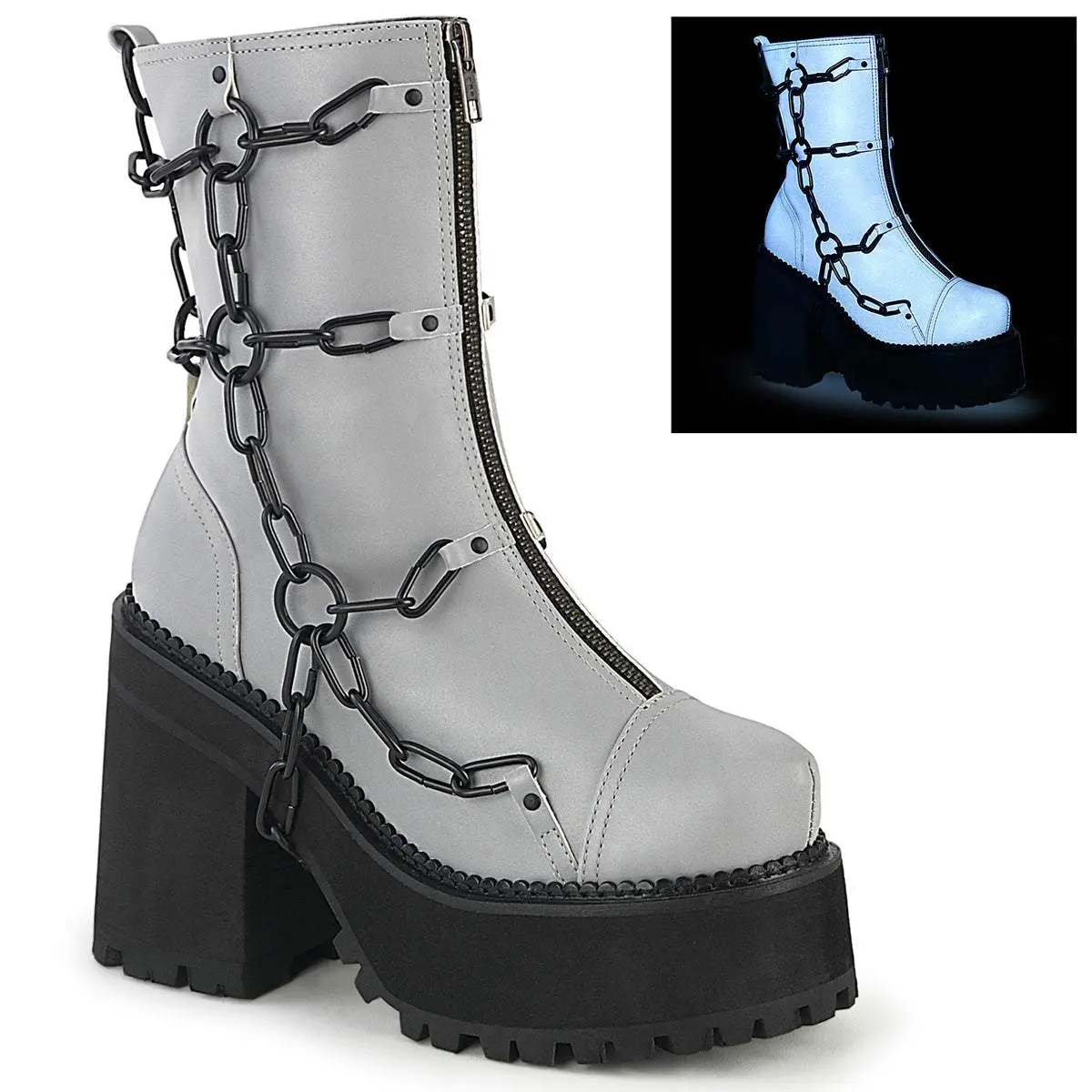 Demonia Assault-66 Gray Reflective Vegan Leather Ankle Boots with 4 3/4" Block Heel & 2 1/4" Cleated Platform Casual Walking Shoes for Women