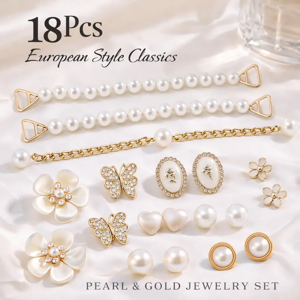 18Pcs Lightweight Gold Bling Alloy & Plastic Shoe Charms Set - Floral, Rhinestone Butterfly, Pearl Chain Women's Elegant Shoe Decor Jewelry for Crocs, Clogs - Birthday Party, Daily Wear Gift Box Accessory