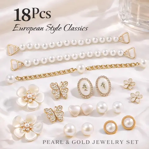 Women's 18Pcs Durable Lightweight Alloy & Plastic Shoe Charms Set - Bright Color Bold Gold Bling, Elegant Flower Pearl, Golden Rhinestone Butterfly, Heart Decor for Crocs, Clogs - Daily Life, Birthday Parties Gift Box Accessory