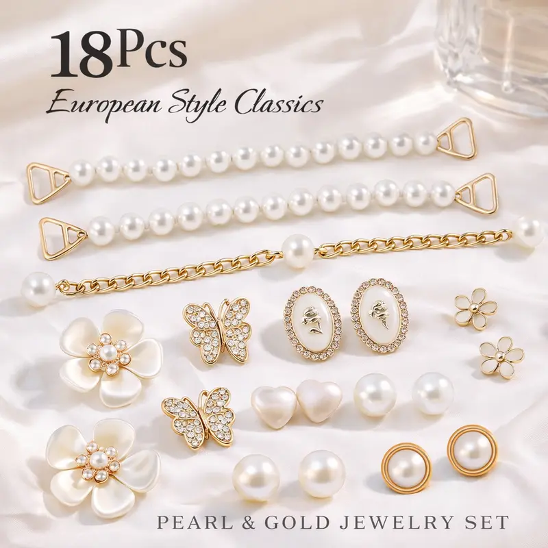 Women's 18Pcs Durable Lightweight Alloy & Plastic Shoe Charms Set - Bright Color Bold Gold Bling, Elegant Flower Pearl, Golden Rhinestone Butterfly, Heart Decor for Crocs, Clogs - Daily Life, Birthday Parties Gift Box Accessory