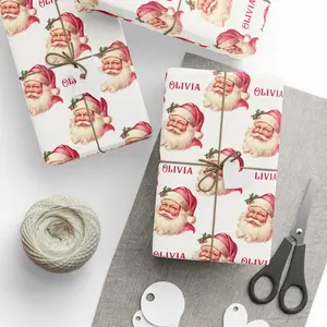 Personalized Santa Claus  Wrapping Paper, Christmas Custom Kids Name Xmas Packing Holiday Gift Wrap Decorative Vintage Present Wrapper Roll