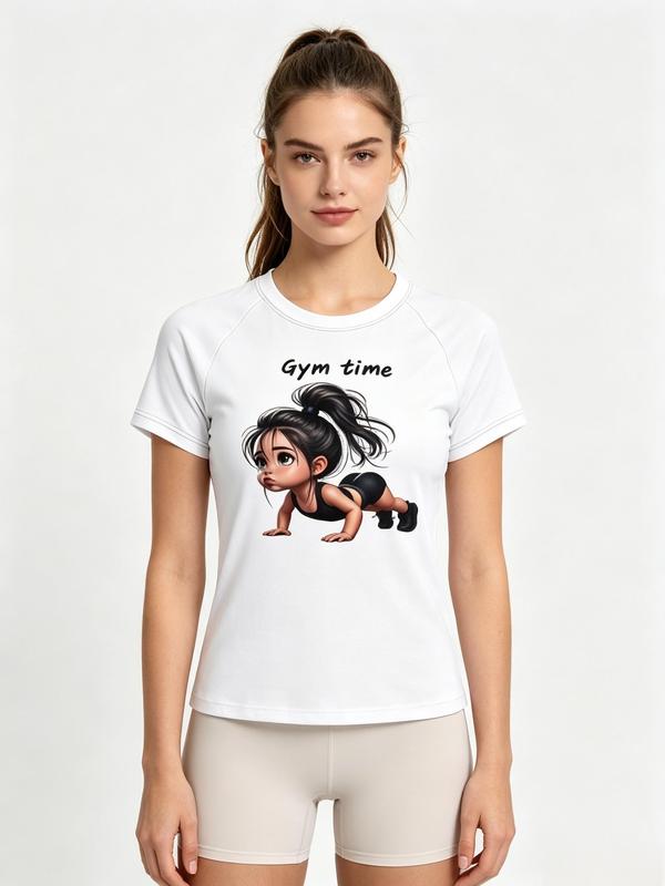 Women's Fitted Cut Cotton Blend Crew Neck Cropped Raglan Short-Sleeve T-Shirt - Cartoon Print, Quick Dry, Gym Fitness Gear, Sporty Sports Tops