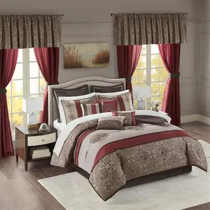 212 MAIN California King Size Embroidered Jacquard Weave Microfiber Bedding Set - 24-Piece Red Room-in-a-Bag Comforter Collection, Bed Sheets Set, Machine Washable