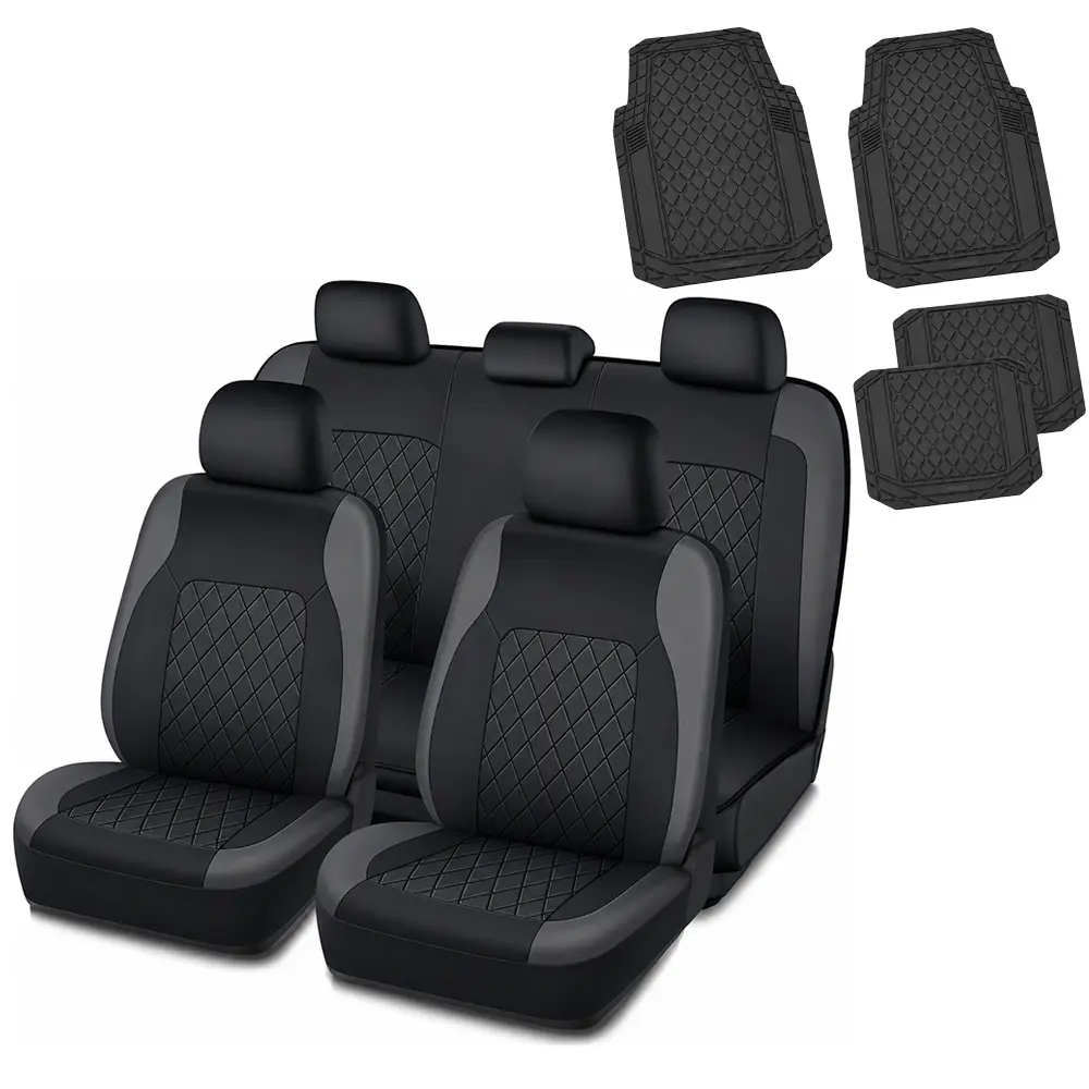 Car Seat Covers Full Set with 4-Piece Floor Mats, Universal Fit Automotive Seat Protectors for 5 Seats, Compatible with Cars, SUVs, Trucks and Vans