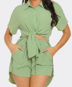 2 Piece Short Set in Green - Includes Top and Matching Shorts for Two-Piece Look Front Tie Back Oversized Slit Top and Shorts