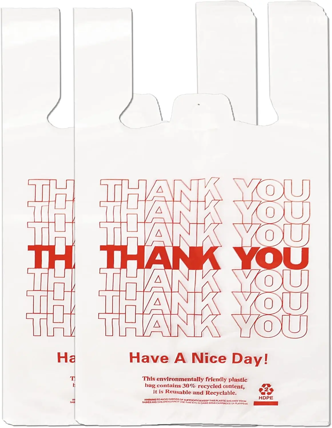 [USA -STOCK] 100 Count White Thank You T-Shirt Bags, 11 x 6 x 21 in | Durable HDPE with handles, Thank You print, disposable carryout sacks for grocery, retail and takeout