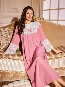 Women's Lace Patchwork Fitted Long Sleeve Dress, Sweet Style Casual Home Wear Nightwear, Perfect for Fall & Winter, Comfortablepajamas Women's Clothing