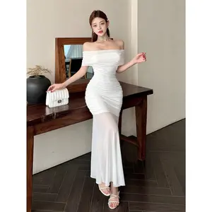 DAZY Women's Solid Color Off Shoulder Ruffle Mermaid Hem Fitted Midi Dress, Elegant White Formal Sleeve Chic Mesh Fabric Womenswear Comfort Workwear Basic women silk dress prom dress sasha birthday outfit birthday outfit black dress summer dress