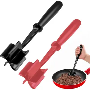2Pcs Heat Resistant Ground Beef Chopper Tool, Meat Masher Spatula Chopper for Hamburger Meat Processing, Black + Red
