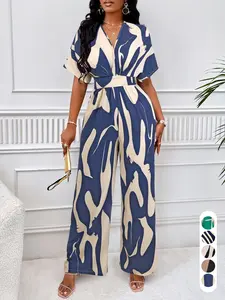 Summer Geometric Print Women's Lady Jumpsuit Womenswear, V Neck Short Sleeve Slim Fit High Waist Long Pants, Casual Chic for Daily Wear, Beach Vacation