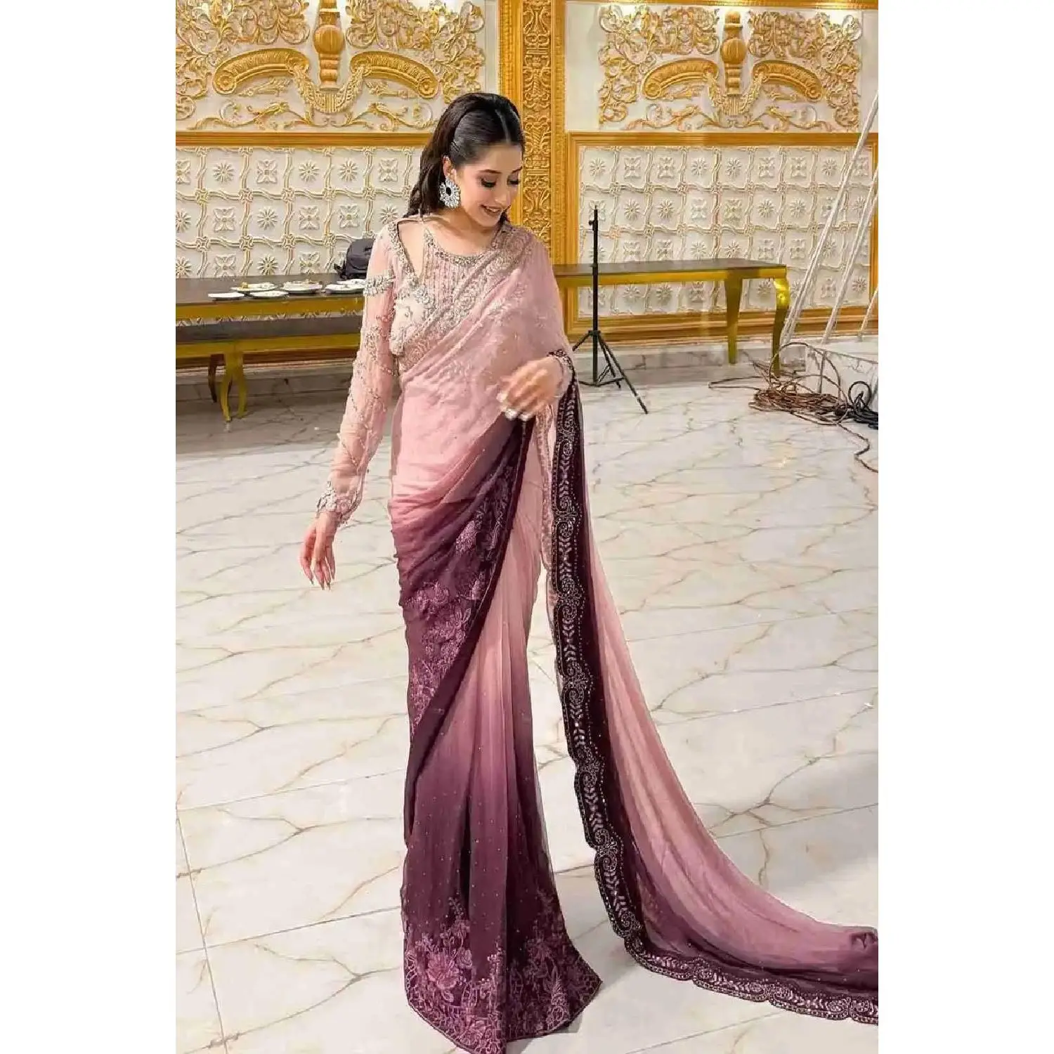 Mbroidered Luxury Wedding Chiffon Saree - BD-3001-Ash Pink Ombre - Z-1458