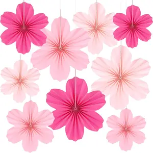 9 Pcs Pink Party Paper Flowers Decorations Hot Pink Paper Fans Hanging Ornaments Paper Floral Backdrop Decor Wedding Birthday Party Valentine's Day Engagement Showers Decoration