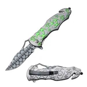 New Zombie Apocalypse Folding Knife Gray with Green Biohazard Symbol Collectable Gift