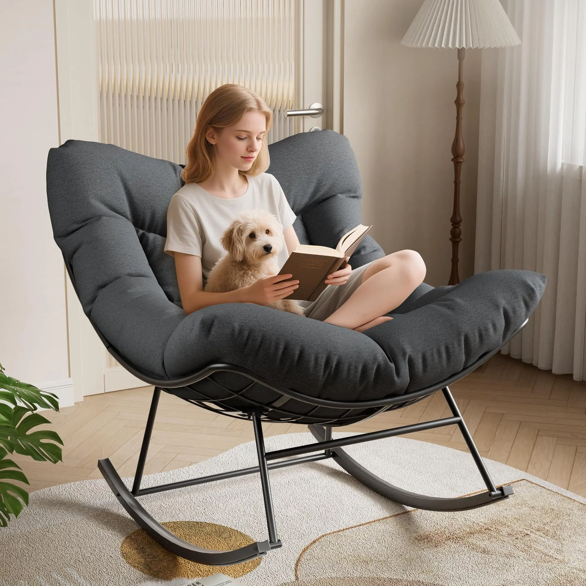 Garvee Outdoor Papasan Rocking Chair with Ottoman, 400 LB Capacity, All-Weather Rattan Patio Egg Rocker for Balcony, Backyard, Deck, and Bedroom, Grey