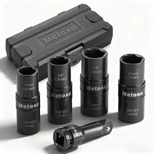 Metoxa 5pc Flip Impact Socket Set, 1/2" Drive Lug Nut & Wheel Socket Set (Metric & SAE), CR-MO Steel with 3" Extension Bar, Professional Automotive Tool