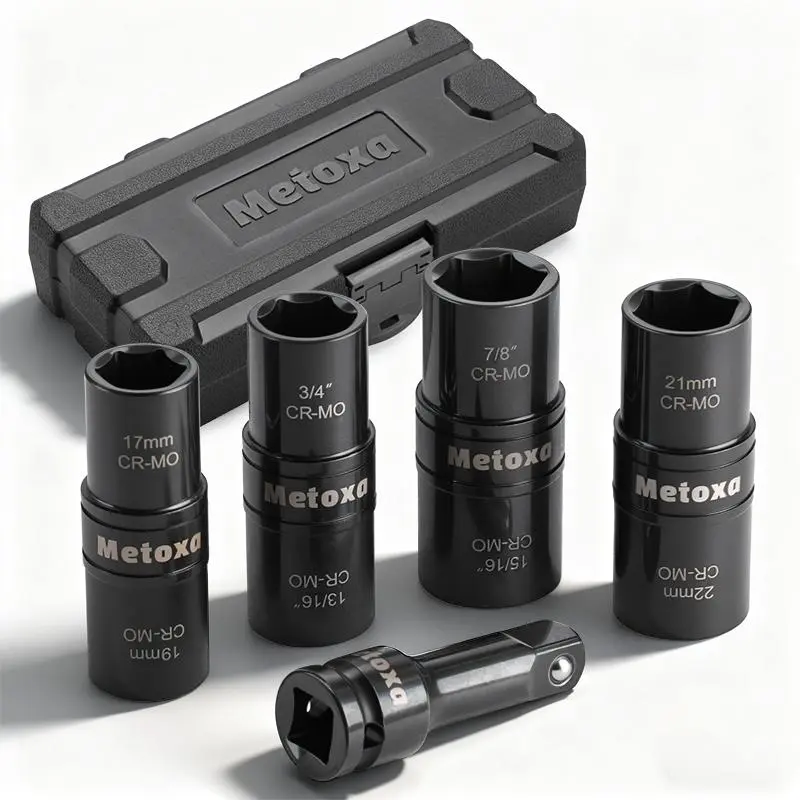 METOXA 5-Piece Flip Impact Socket Set, 1/2" Drive CR-MO Lug Nut Socket Kit with 3" Extension Bar, Heavy-Duty Wheel Service Tools for Cars & Trucks