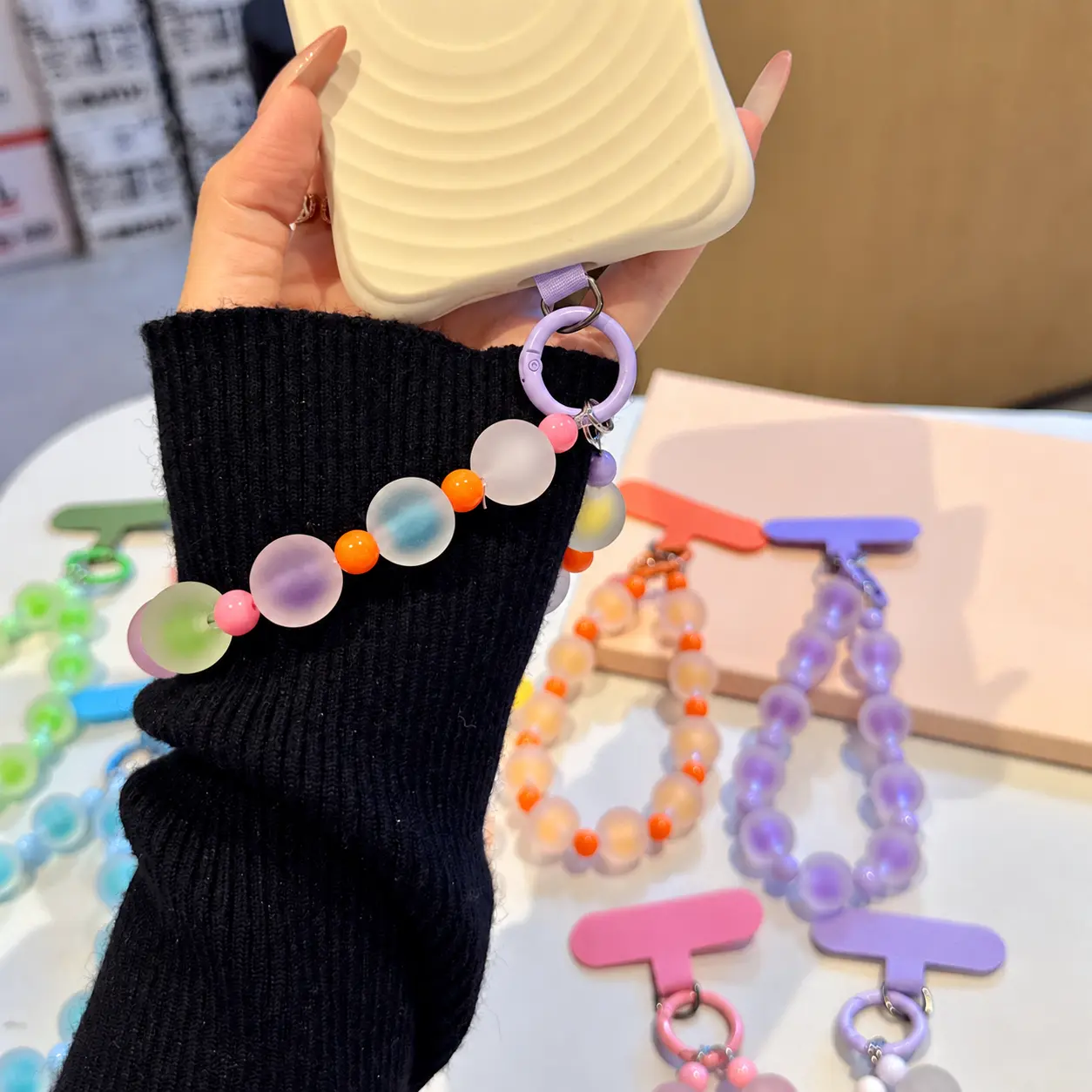 HISTORYOO Matte Beaded Phone Wrist Bracelet Strap Lanyard Phone Charm ( Non-stretch, Fixed length  ) with Tether Tabs Hands-Free Phone Chain For iPhone, For Samsung, For Google Pixel & More