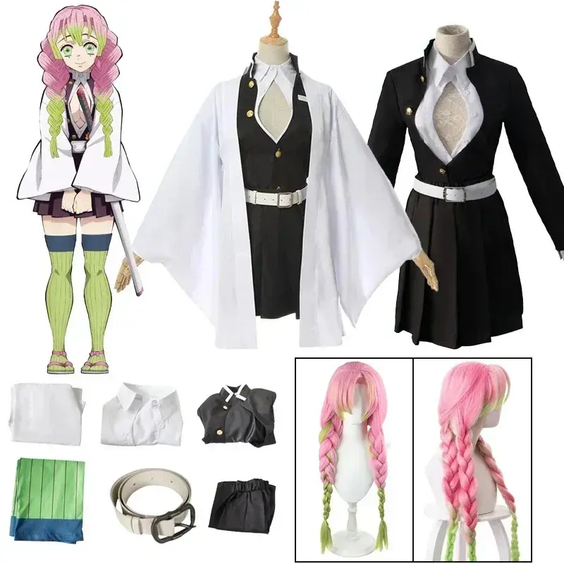Anime Kanroji Mitsuri Cosplay Costume Kimono Haori Dress Wig Clothes Halloween Costume for Adult ChildrenHalloween Party