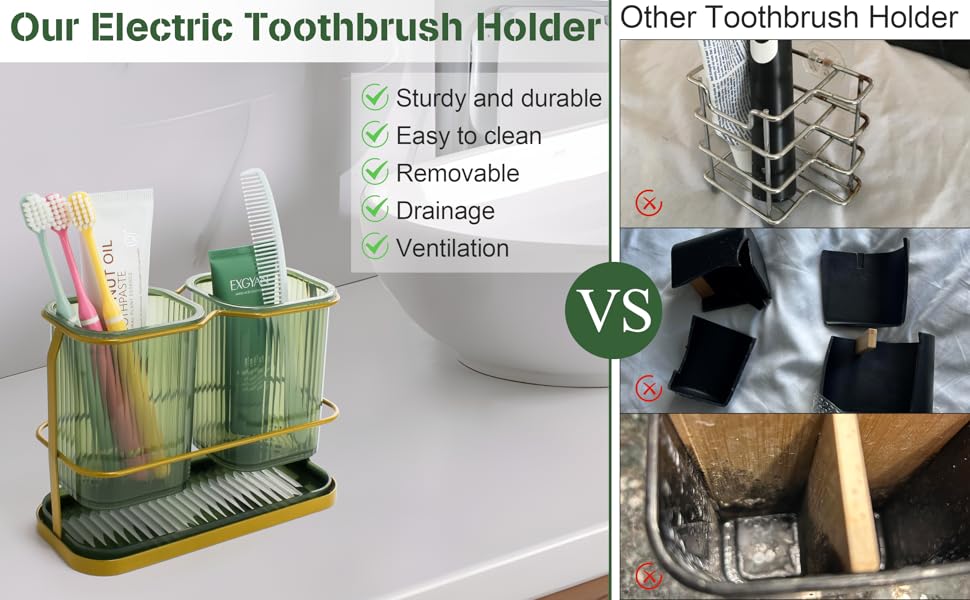 Countertop Toothbrush Holders, Wall Mounted Tooth Brush Toothpaste Holder for with Hook, 2 Cups Toothbrush Organizer with Drain Tray Accessories (Green)