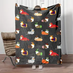 Corgi Halloween Print Reversible Flannel Throw Blanket Soft Polyester All Season Comfort for Bed Sofa Travel Mixed Colors Multiple