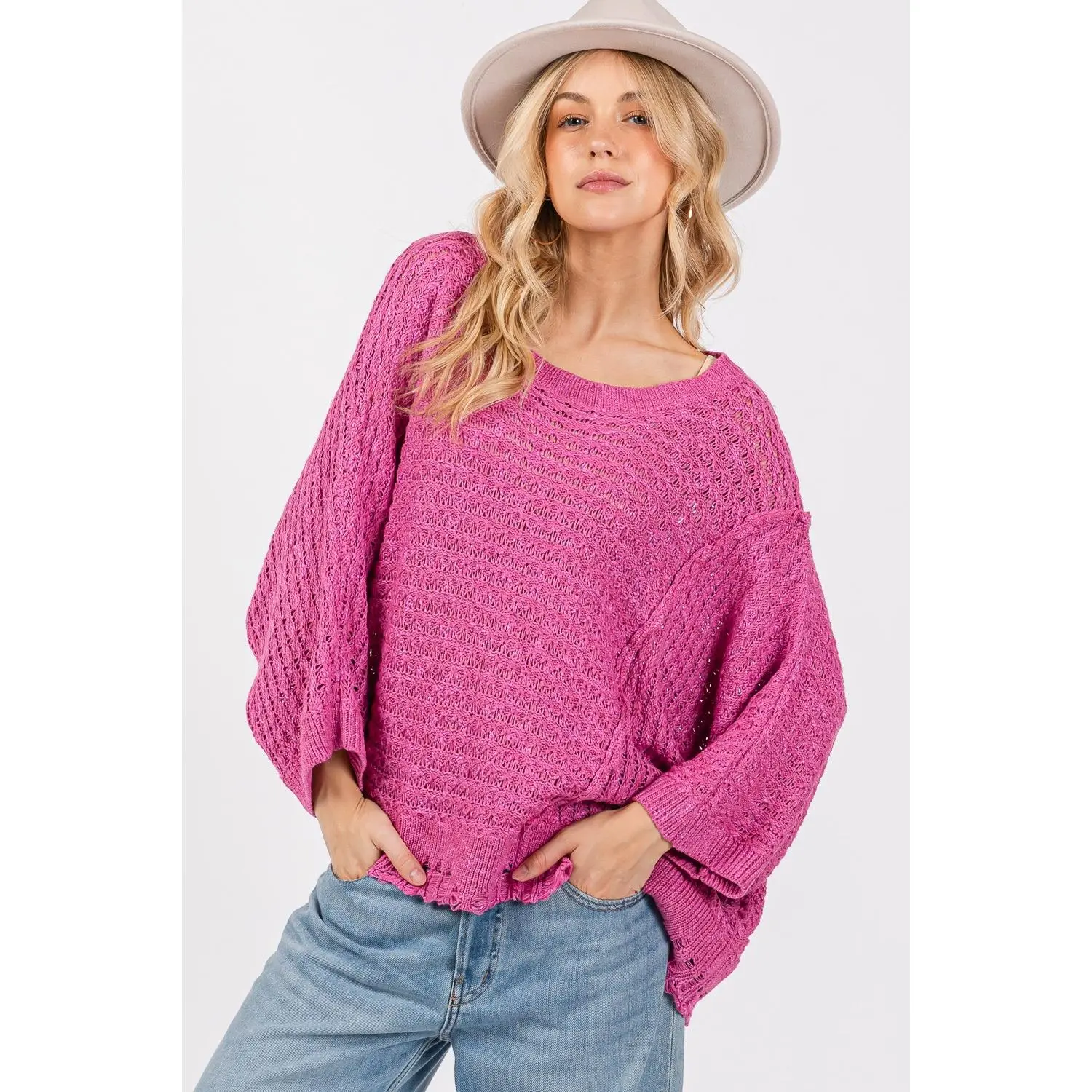 SAGE + FIG Distressed Asymmetrical Open Stitch Sweater winter knitwear