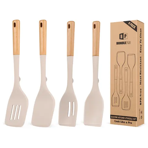 BUNDLEPRO 4-Piece Silicone Kitchen Utensils Set - Sturdy Food Grade Wooden Handle Tools, Nonstick Spatulas, Heat-Resistant Slotted Spoons, BPA-Free Turner, Large Capacity Reusable Multi-Purpose for Mixing,Serving (Wooden Cooking Tools)