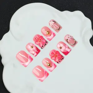 10pcs/Set Handmade Square Nail Tips With French Edge, Nail Design, Carving, Beads, Floral, Flower Nails, Y2K Baddie Style, Nude & Pink White Color, Suitable For Party, Daily Wear, Includes Tool Kit, Gift For Women & Girls Nails Press On Nails