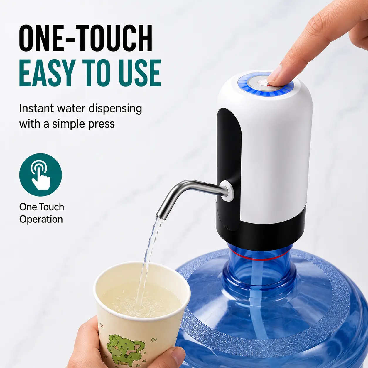 Bottled Water Dispenser Pump, USB Rechargeable 1-Touch Automatic, BPA-Free Food-Grade Materials, Low-Noise Easy to Carry Electric Pump with Faucet for 2-5 Gal Bottles, Home & Office Kitchenware