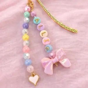 Handcrafted Personalized Beaded Bookmark with Pastel Beads Gold Bow and Heart Charm for Book Lovers