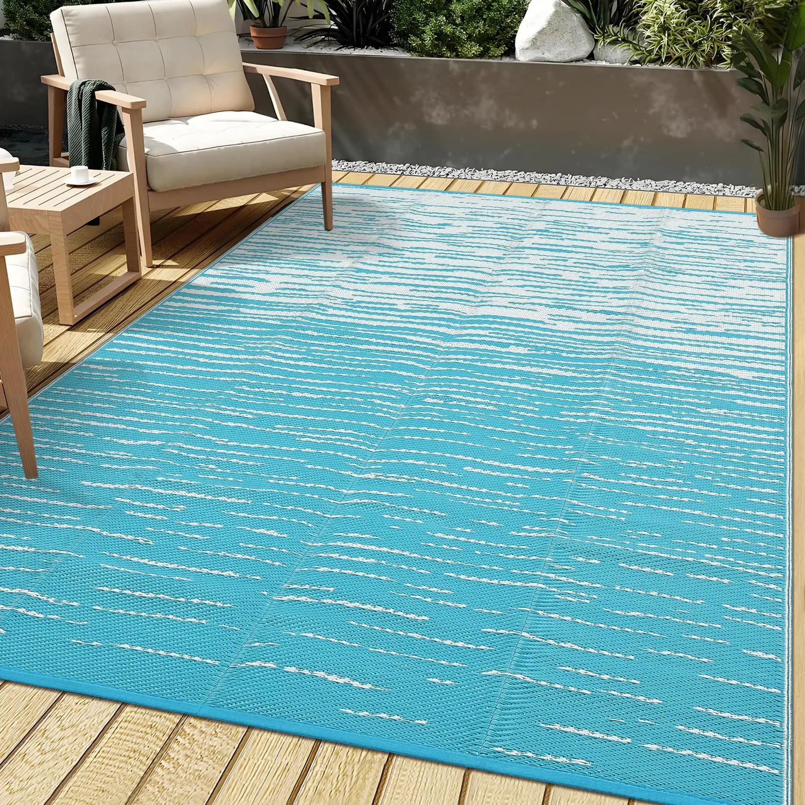 Garvee Modern Striped Gradient Outdoor Rug Double-sided Outdoor Patio Rug Woven Plastic Grass Rug Foldable and Portable for Balconies Beaches Porches RVs and Picnics waterproof patio rug