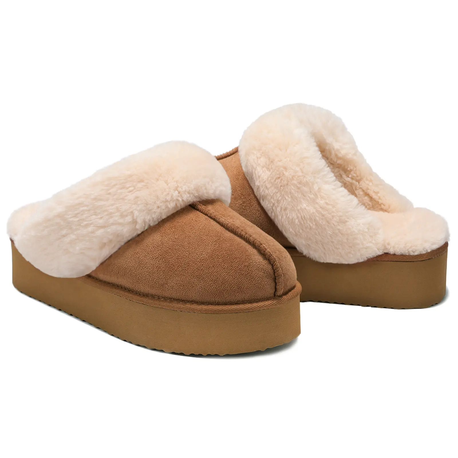 OOW Fuzzy Platform Slippers for Women - Women's Casual Winter House Slippers - Brown, Faux Fur & Shearling Blend - Women's Size
