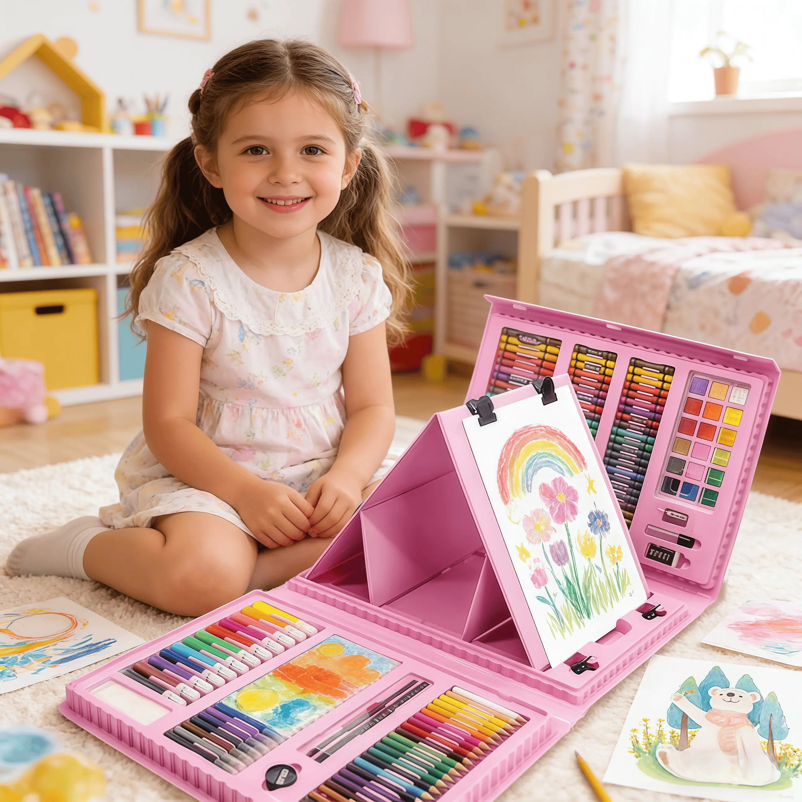 Art Supplies, 208-Piece Drawing Art Kit, Gifts for Kids Girls Boys Teens, Art Set Crafts Case with Double Sided Trifold Easel, Includes Sketch Pads, Crayons, Colored Pencils, Gifts for kids (Pink) tiktokshopbacktoschool,back to school,back to school haul