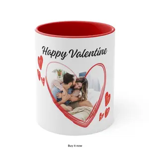 Happy Valentine Personalized Photo Mug with Red Interior and Heart Design for Romantic Gifts Coffee Cup