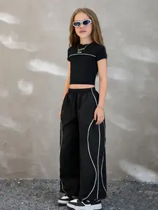 Contrast Piping 2-Piece Kids Set, Crop Top & Wide Leg Track Pants, Casual Slim-Fitting Streetwear for Girls, Summer Outfits Set, All Seasons