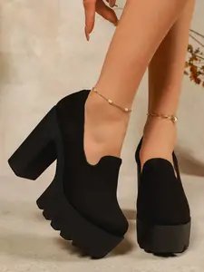 Fashion Campus Style Stylish Slip-On High Heel Shoes for Women, Casual Round Toe Chunky Heel, All Season Wear, Preppy Style