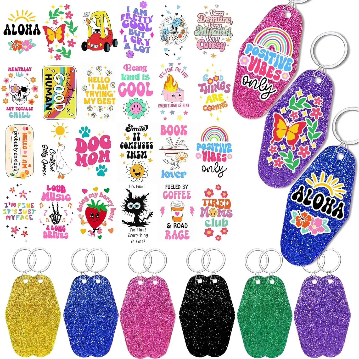 36-Count Blank Motel Keychain Set with UV DTF Stickers - Kawaii Accessories, Cute Collectibles, Whimsical Keychain Toys for Friends