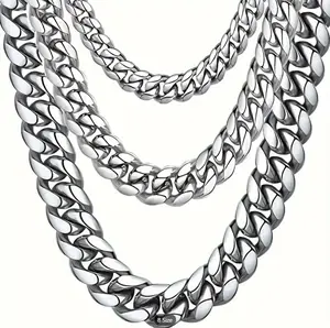 Stainless Steel 3/5/7/8/9/11 mm Curb Cuban Link Necklace Chain for Men & Women, 18" to 30" Lengths Available, Unisex Casual Style, Silver Color
