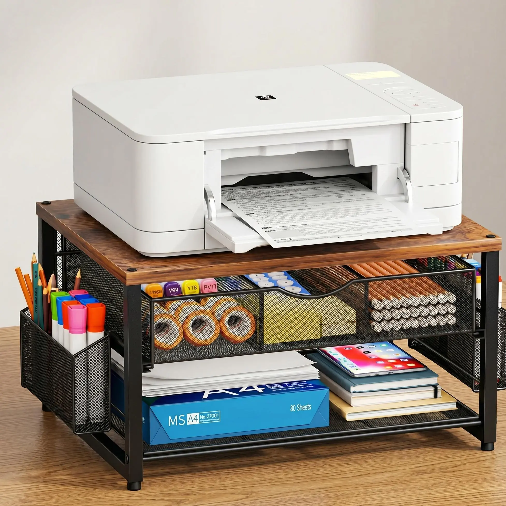 Multifunctional Sturdy Printer Stand Shelf - Commercial Office Furniture, Office Accessories, 3D Printer Ready, Space-Saving Support for Fax Machine/Scanner, Extra Storage Spot, Tidy Wire Storage for Clutter-Free Environment, Reliable, Durable