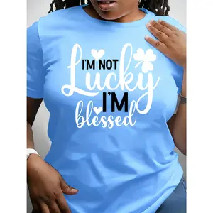 100% Cotton Women's Light Blue T - Shirt "I'm Not Lucky I'm Blessed" Clover Graphic Tee Inspirational And Faith - Based Top With 10 Colors Available For Casual Daily Wear Church Gatherings And Positive Style Statements