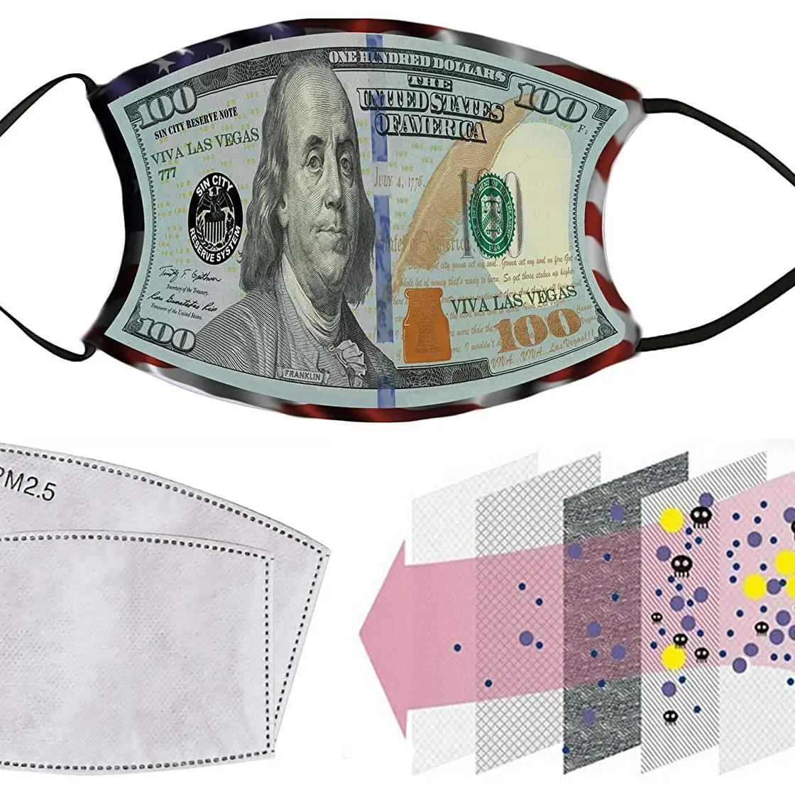 $100 Dollar Bill Sin City Edition Money Face Mask with adjustable elastic straps and replaceable carbon filter inserts American Flag Border