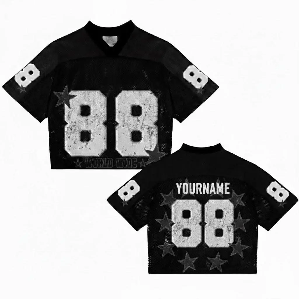 Custom Name Black Crop Football Jersey – Personalized Vintage Mesh Sports Crop Top, Oversized Streetwear Game Shirt for Women