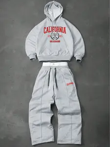 Men's two-piece tracksuit: a hooded sweatshirt and drawstring trousers with lettering and small graphic designs, perfect for fall and winter, Tracksuit Set