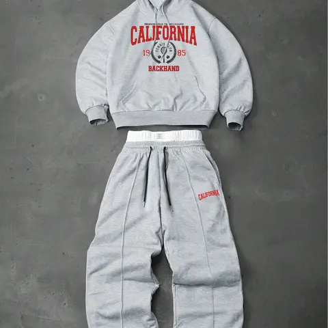 Men's two-piece tracksuit: a hooded sweatshirt and drawstring trousers with lettering and small graphic designs, perfect for fall and winter, Hoodie sweatpants set