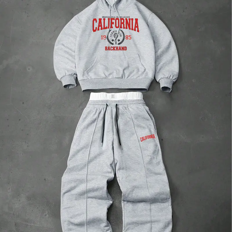 Men's two-piece tracksuit: a hooded sweatshirt and drawstring trousers with lettering and small graphic designs, perfect for fall and winter, Hoodie sweatpants set