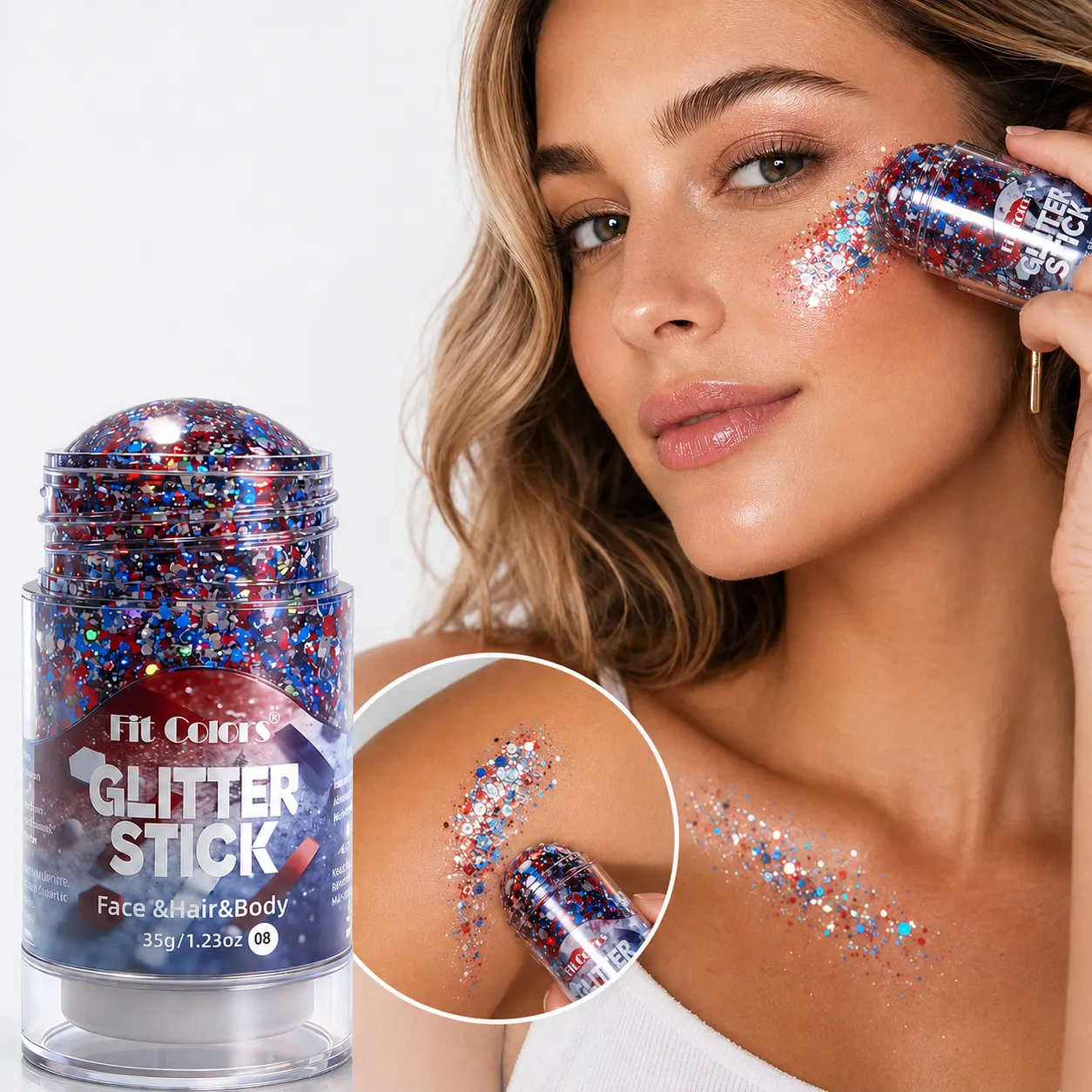 Football Party Glitter Stick Red White Blue Hair and Body Sparkle for Independence Day Party, Festival & Fun Holiday Look