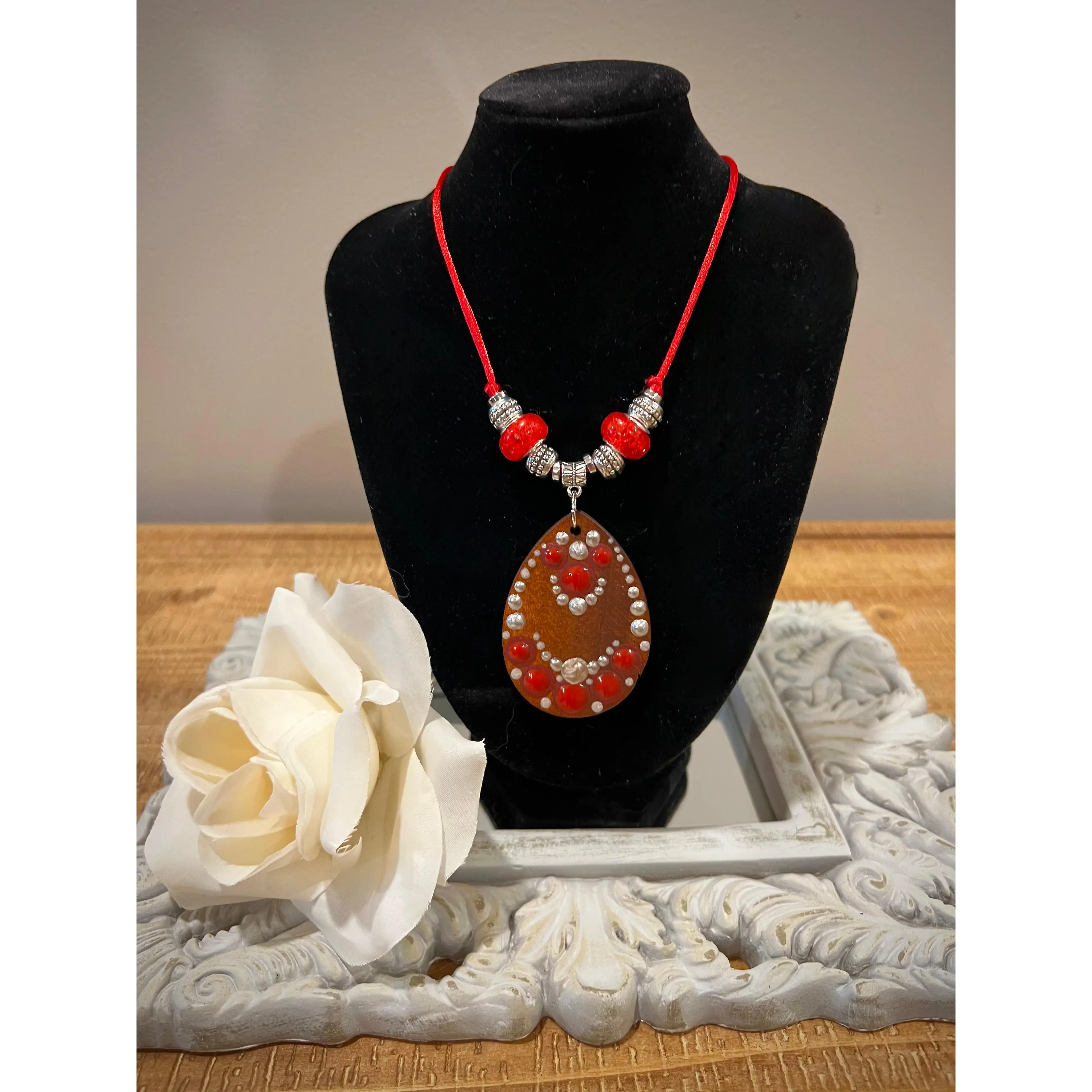 Custom Mandala Necklace: Bold Red with Silver Filigree Accents