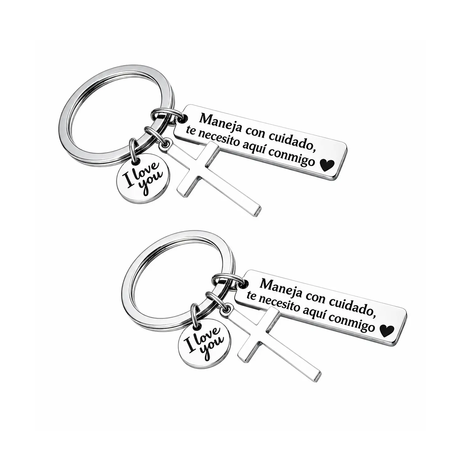 Maneja Con Cuidado Te Necesito Aquí Conmigo Keychain with Cross & "I Love You" Charm, Spanish Drive Safe Stainless Steel Keyring, Romantic Religious Gift for Him/Her Adjustable Heart Rate Couples Bracelet Set Rotating Retractable Reading Badge Holder
