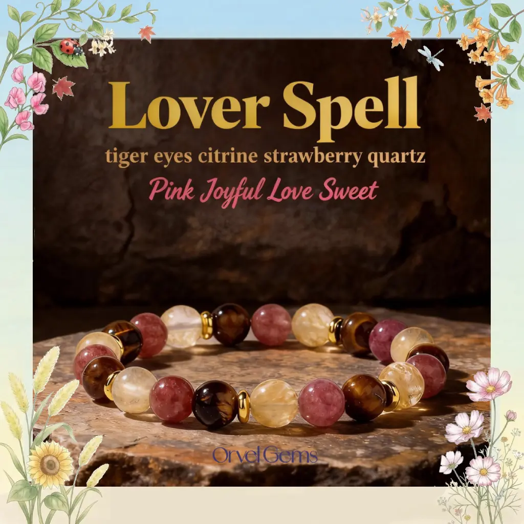 Lover Spell Bracelet —Tiger Eye, Citrine & Strawberry Quartz | Attract Love, Joy & Sweet Energy | Unisex Crystal Jewelry Gift